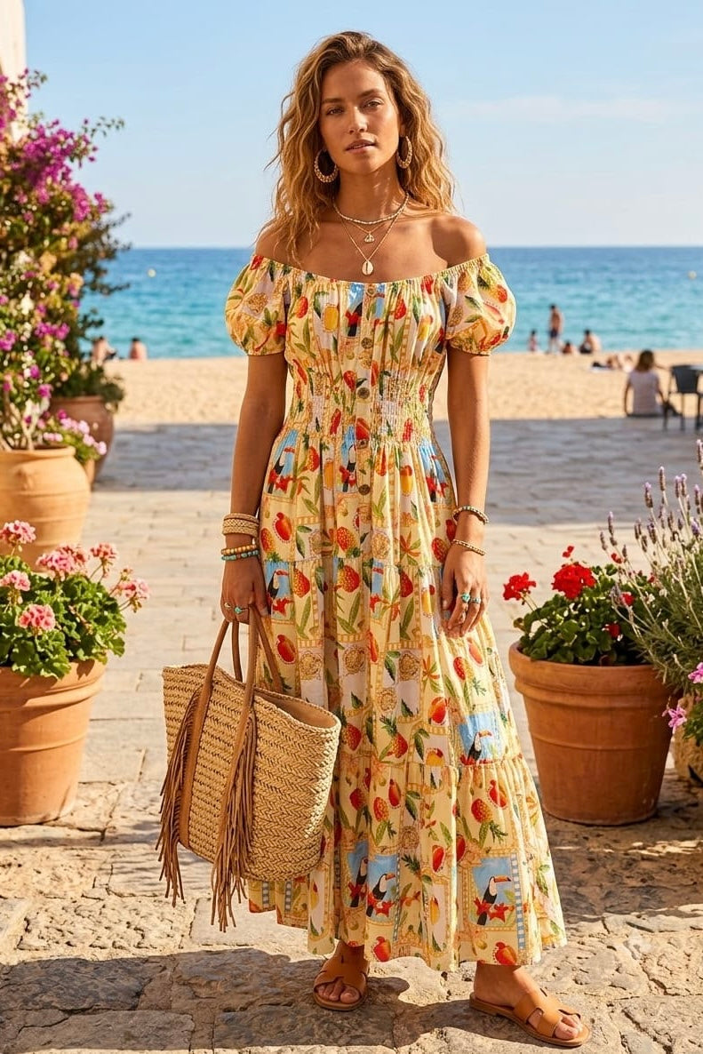 TROPICAL PRINT BUTTON MAXI(MIXED COLOUR PACK)