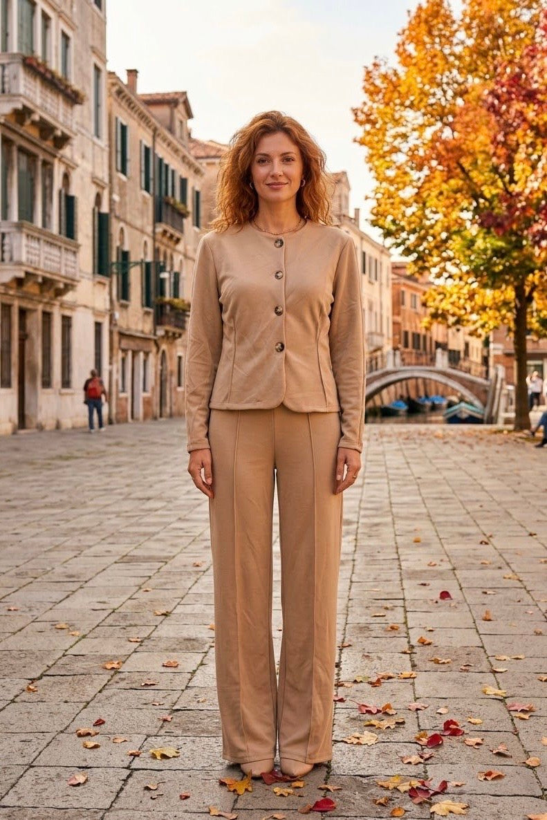 BUTTON-UP JACKET AND WIDE LEG TROUSER SET