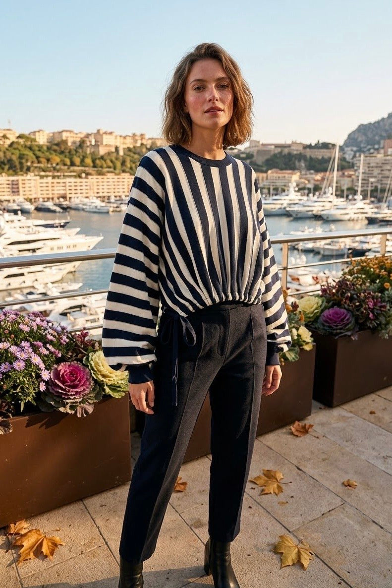 STRIPPED BALLOON SLEEVE DRAWSTRING-HEM CROPPED KNIT JUMPER