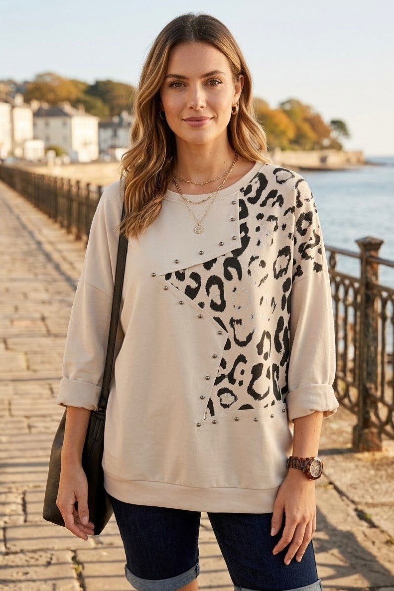 STUDDED LEOPARD PRINT PANEL SWEATSHIRT