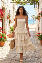 STRAPLESS TIERED MIDI DRESS
