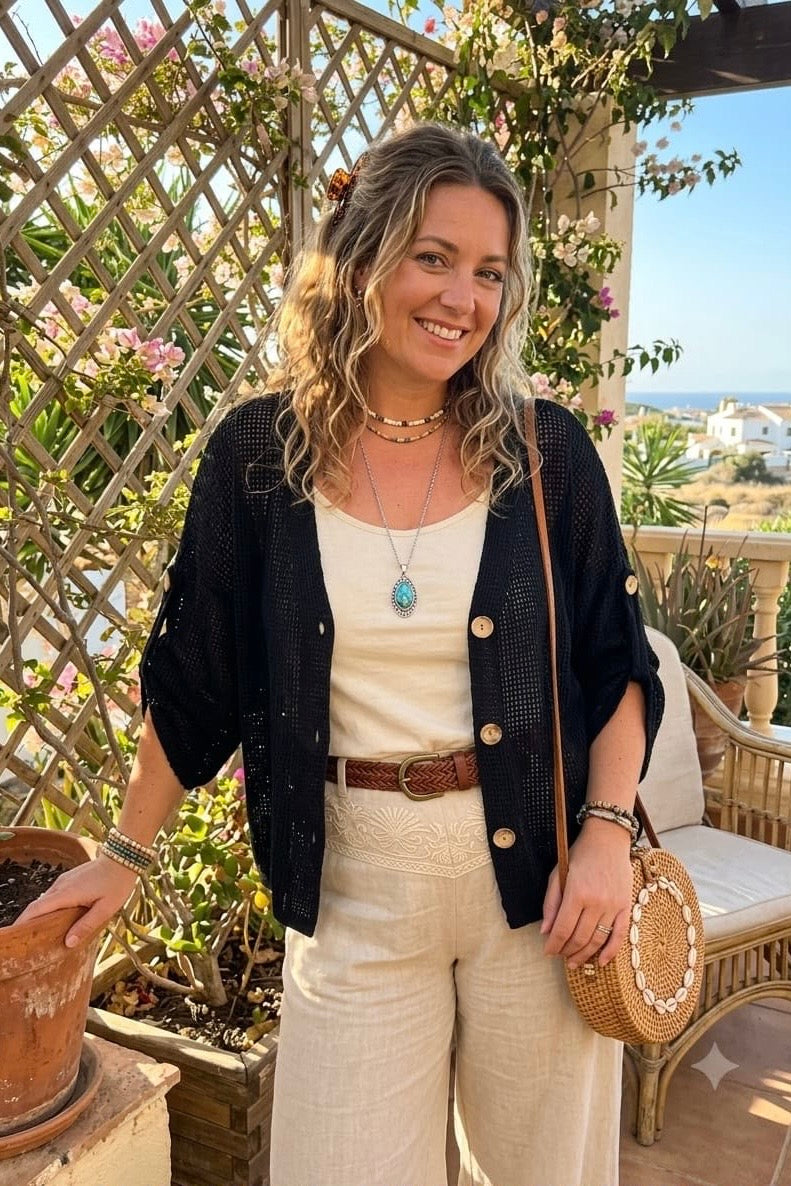 WAFFLE MESH BUTTON DETAIL CARDIGAN