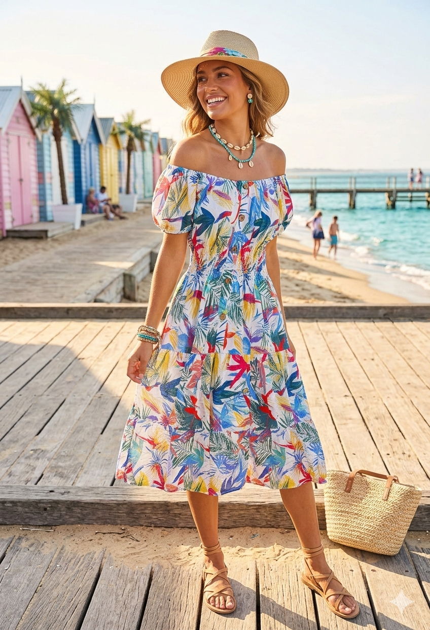 LEAF PRINT BUTTON DETAIL MIDI DRESS(MIXED COLOUR PACK)