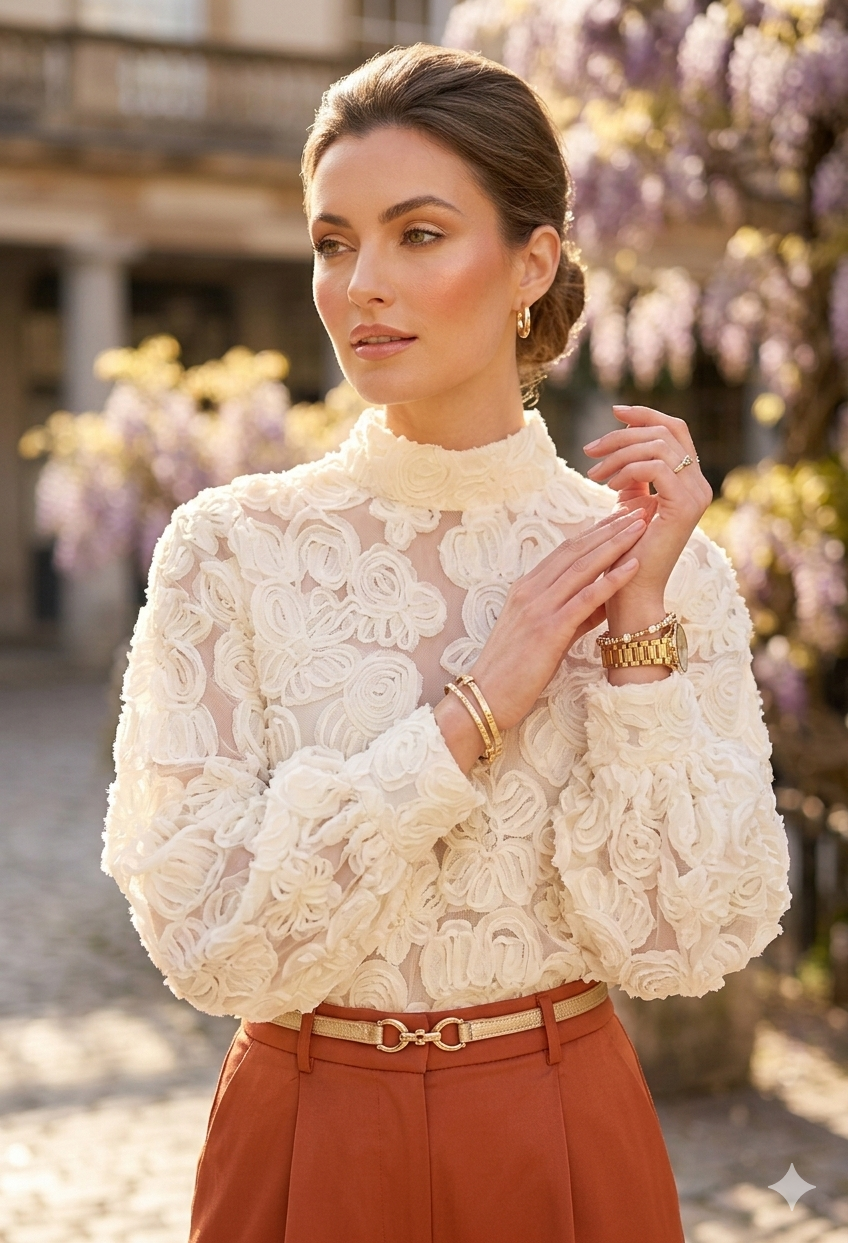 3D FLORAL HIGH NECK LACE TOP