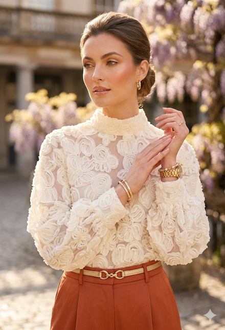 3D FLORAL HIGH NECK LACE TOP