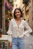 POLKA DOT RUFFLE FRONT-TIE BLOUSE