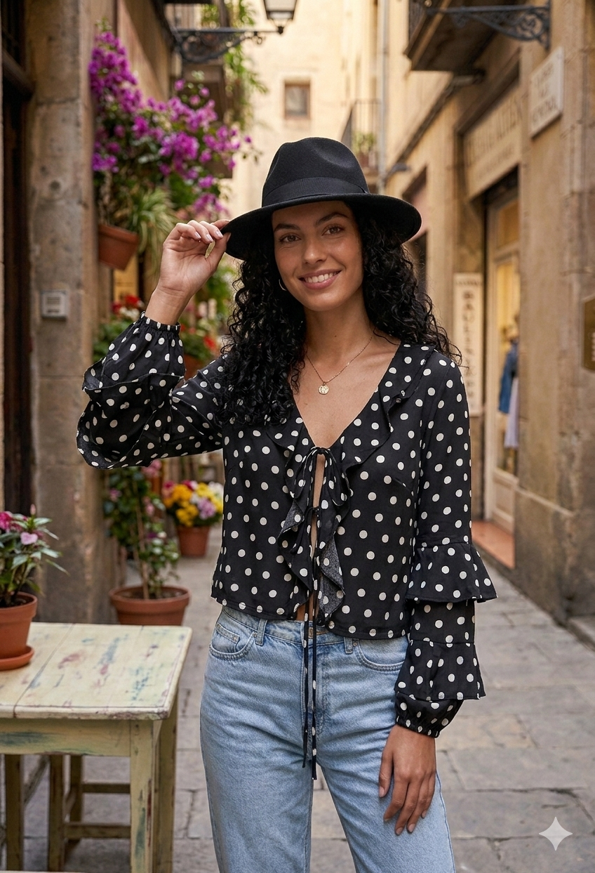 POLKA DOT RUFFLE FRONT-TIE BLOUSE