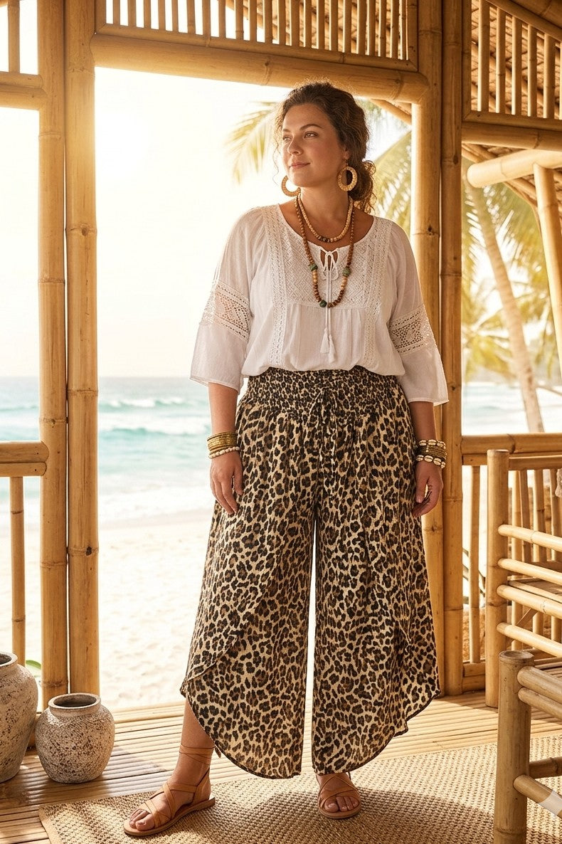 ANIMAL PRINT ELESTICATED WIDE LEG TROUSER