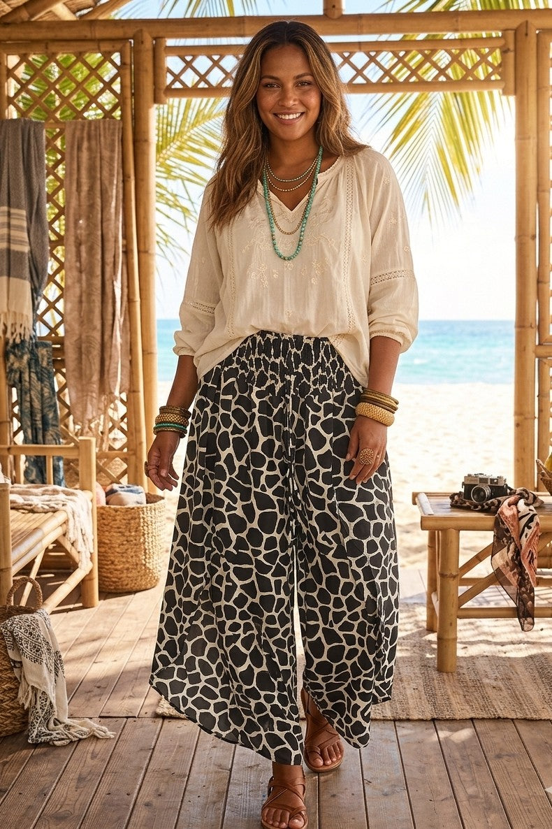 ANIMAL PRINT ELESTICATED WIDE LEG TROUSER