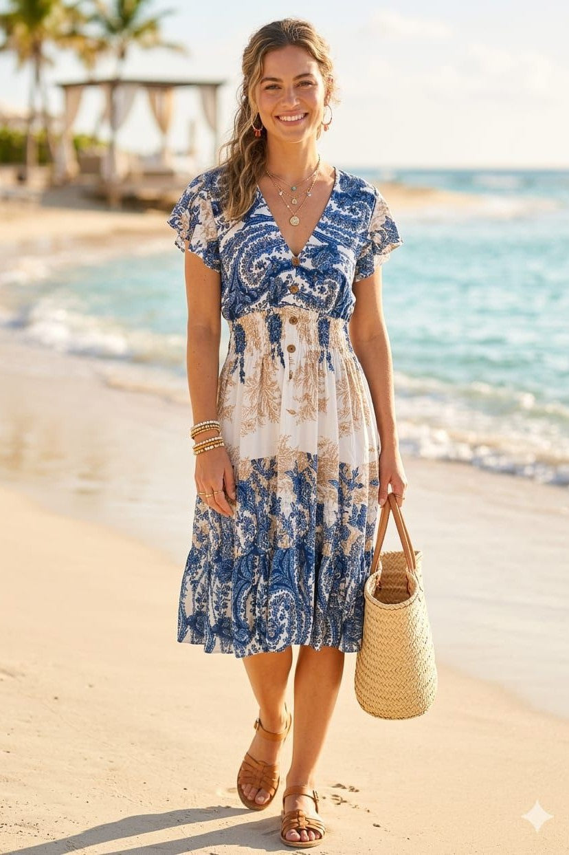 PAISLEY PRINT BUTTON MIDI DRESS(MIXED COLOUR PACK)