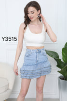 TIERED RUFFLE DENIM MINI SKIRT