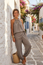 HALTER NECK TOP WITH SIDE TIE TROUSER LOUNGE SET