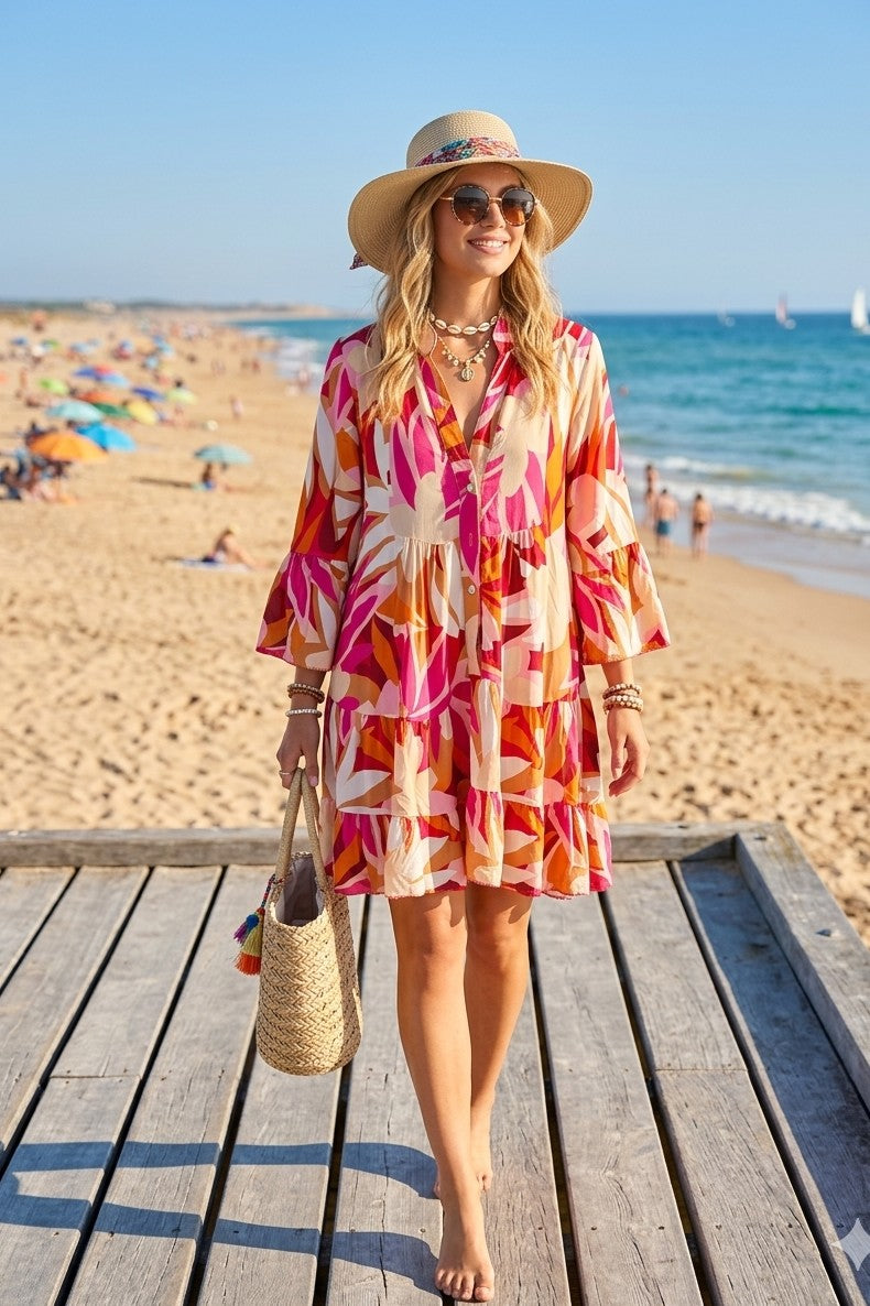 ABSTRACT FLORAL PRINT SMOCK DRESS