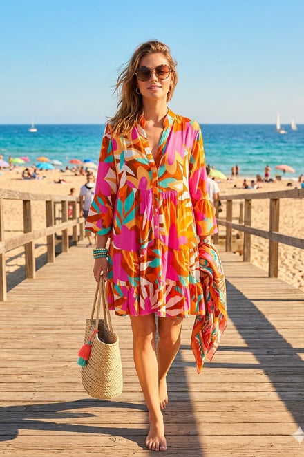 ABSTRACT FLORAL PRINT SMOCK DRESS