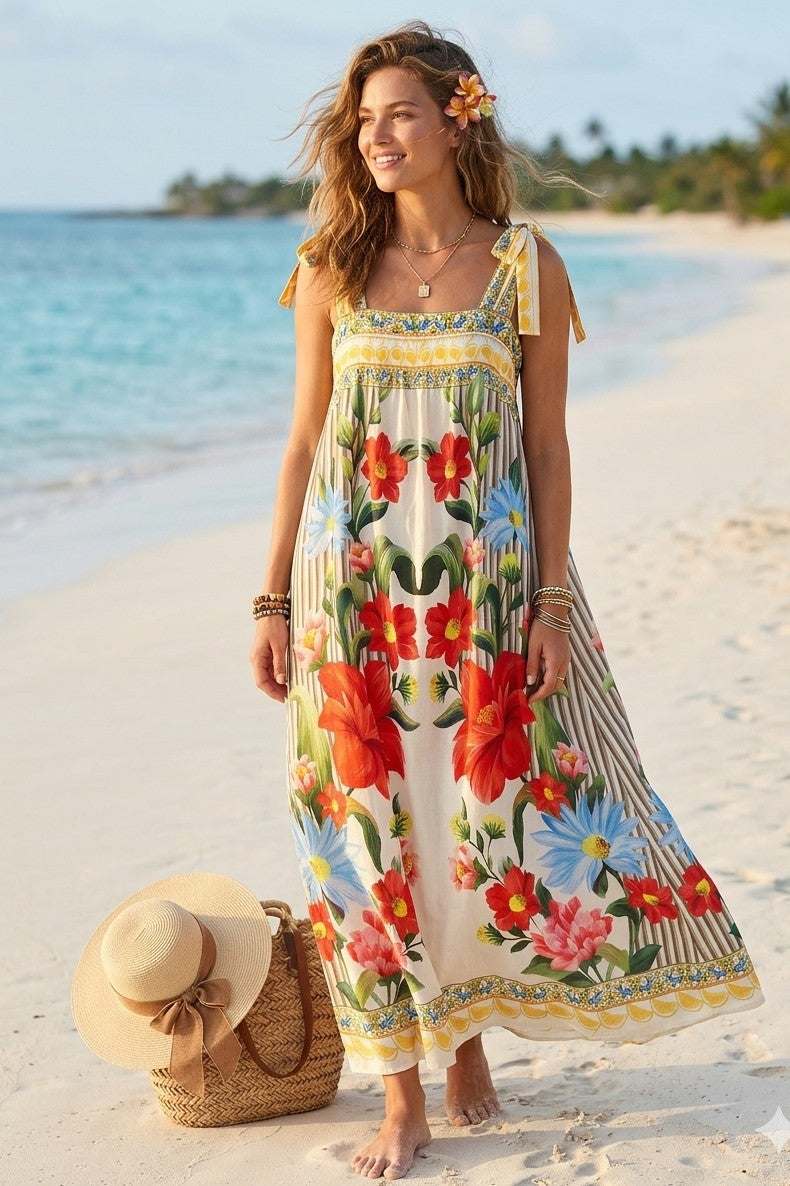 PRINTED TIE STRAP MAXI DRESS