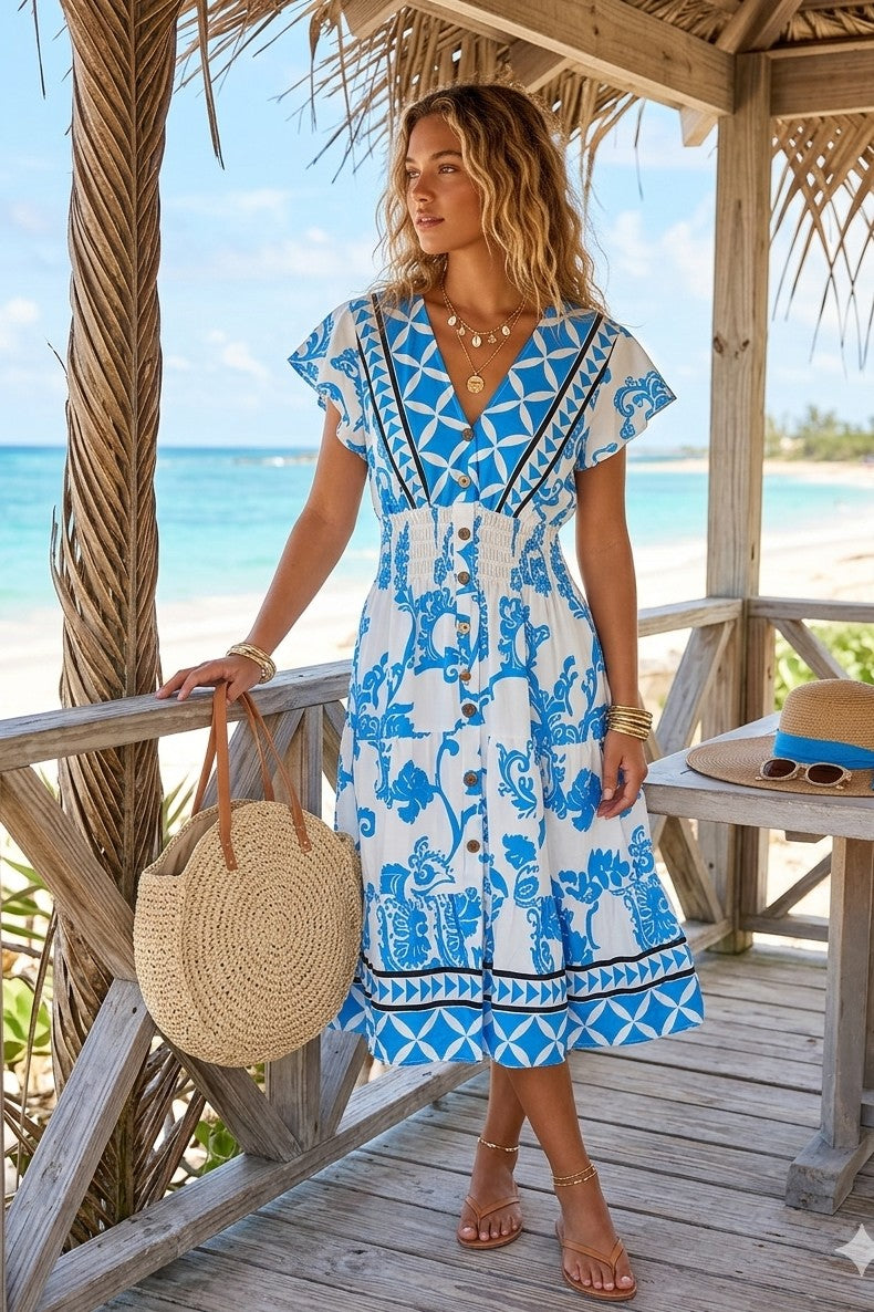 PRINTED V-NECK BUTTON DRESS(MIXED COLOUR PACK)