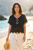 SHORT SLEEVE EMBROIDERED LACE TRIM BLOUSE