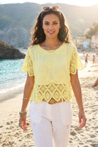 SHORT SLEEVE EMBROIDERED LACE TRIM BLOUSE