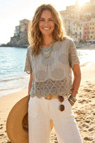 SHORT SLEEVE EMBROIDERED LACE TRIM BLOUSE