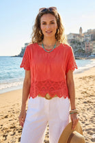 SHORT SLEEVE EMBROIDERED LACE TRIM BLOUSE