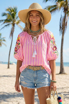 EMBROIDERY FLORAL SLEEVE STRIPE BLOUSE