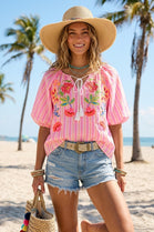 FRONT FLORAL EMBROIDERY STRIPE BLOUSE