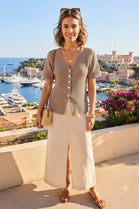 SHORT SLEEVE TEXTURED BUTTON  KNIT CARDIGAN