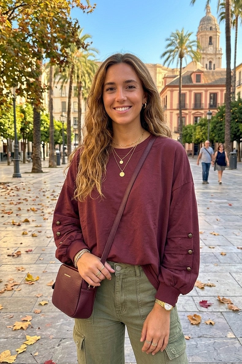 BUTTON-SLEEVE OVERSIZED SWEATSHIRT