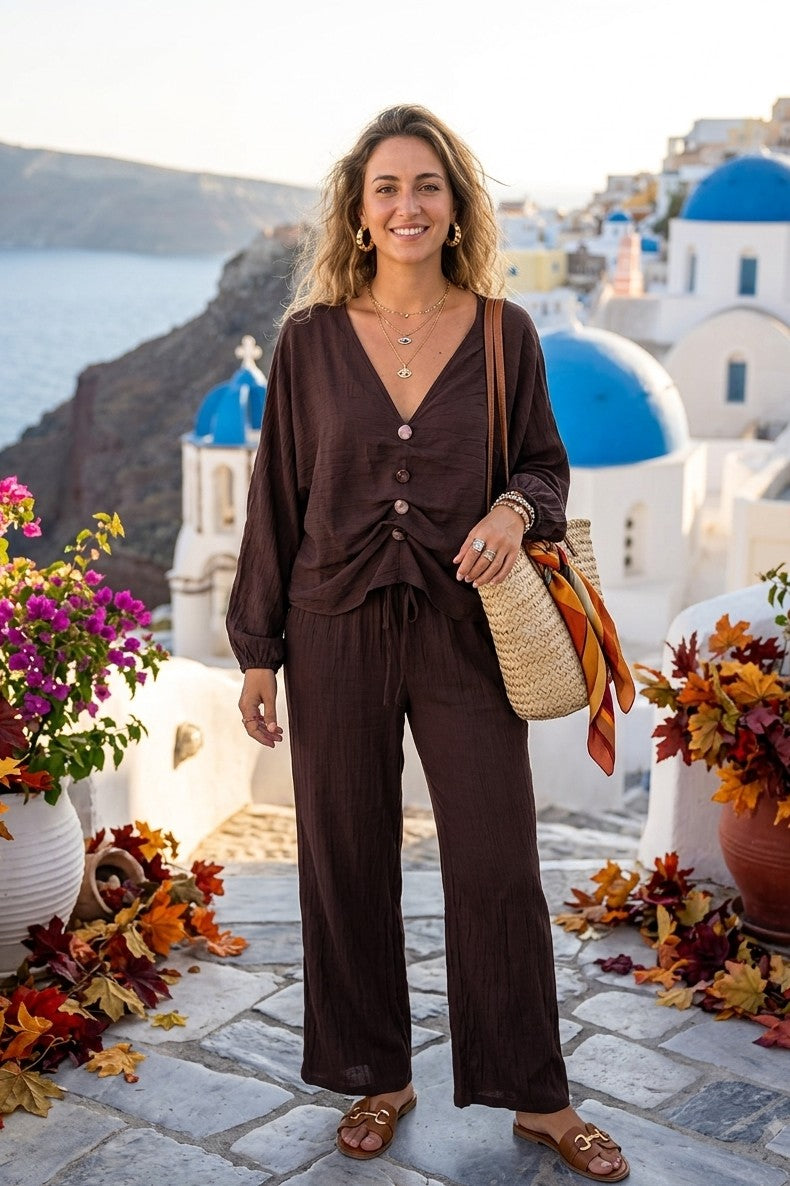 BUTTON FRONT RUCHED TOP LOUNGE SET