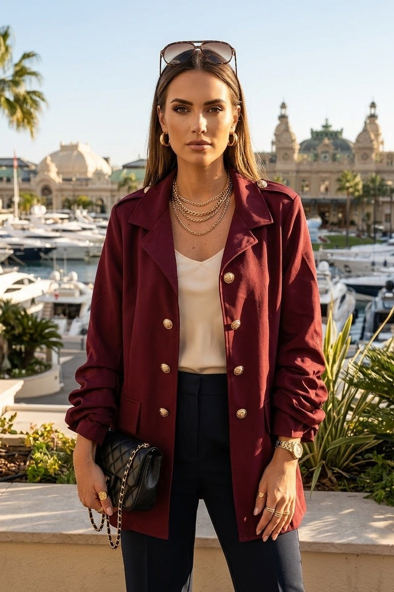 RUCHED SLEEVE GOLD BUTTON BLAZER