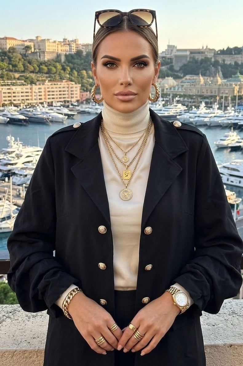 RUCHED SLEEVE GOLD BUTTON BLAZER