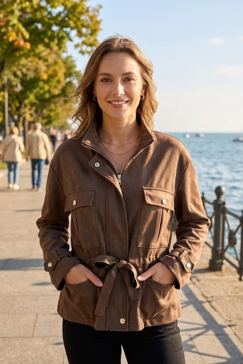 FAUX SUEDE TIE-WAIST JACKET