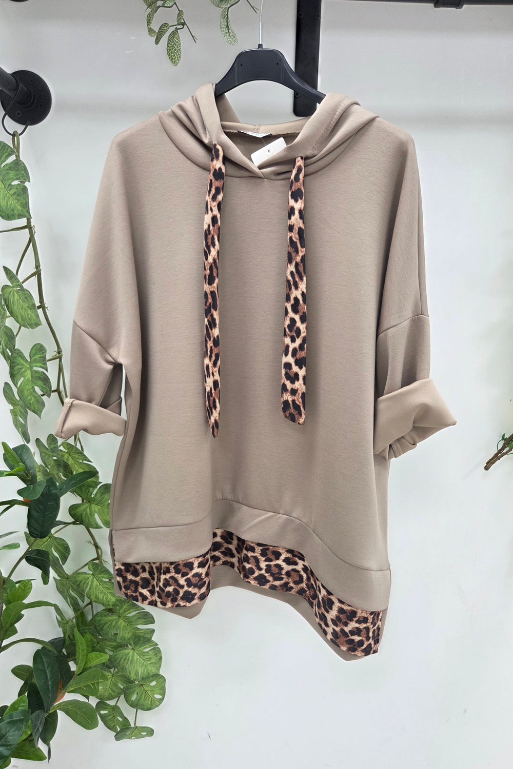 LEOPARD TRIM OVERSIZED DRAWSTRING HOODIE