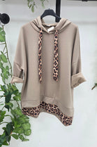 LEOPARD TRIM OVERSIZED DRAWSTRING HOODIE