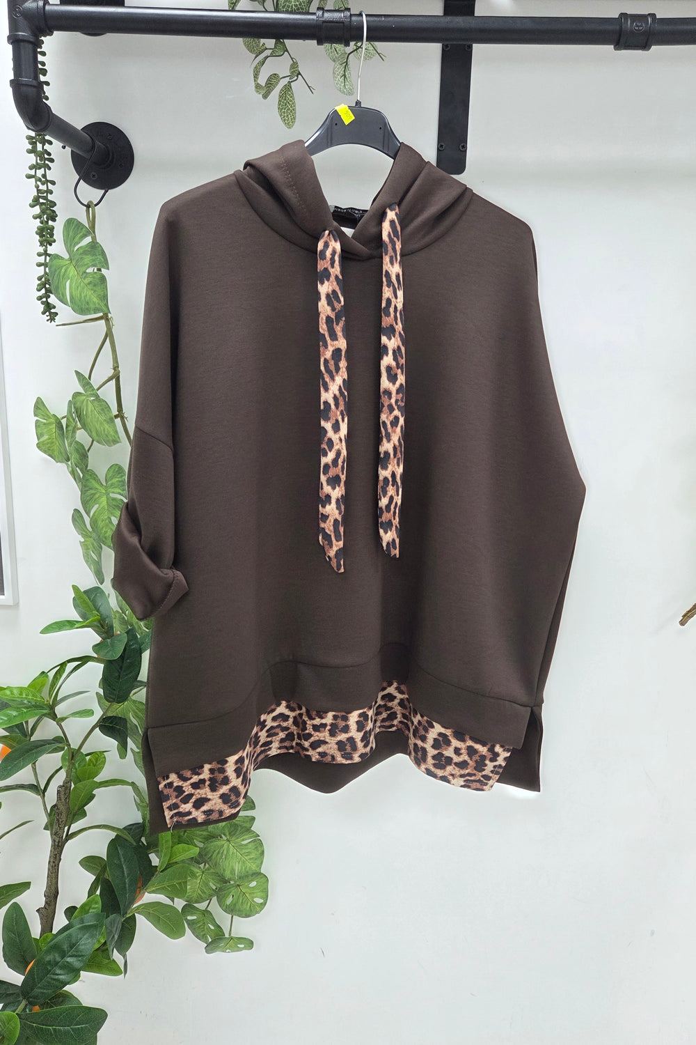 LEOPARD TRIM OVERSIZED DRAWSTRING HOODIE