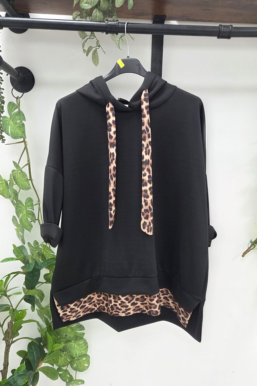 LEOPARD TRIM OVERSIZED DRAWSTRING HOODIE