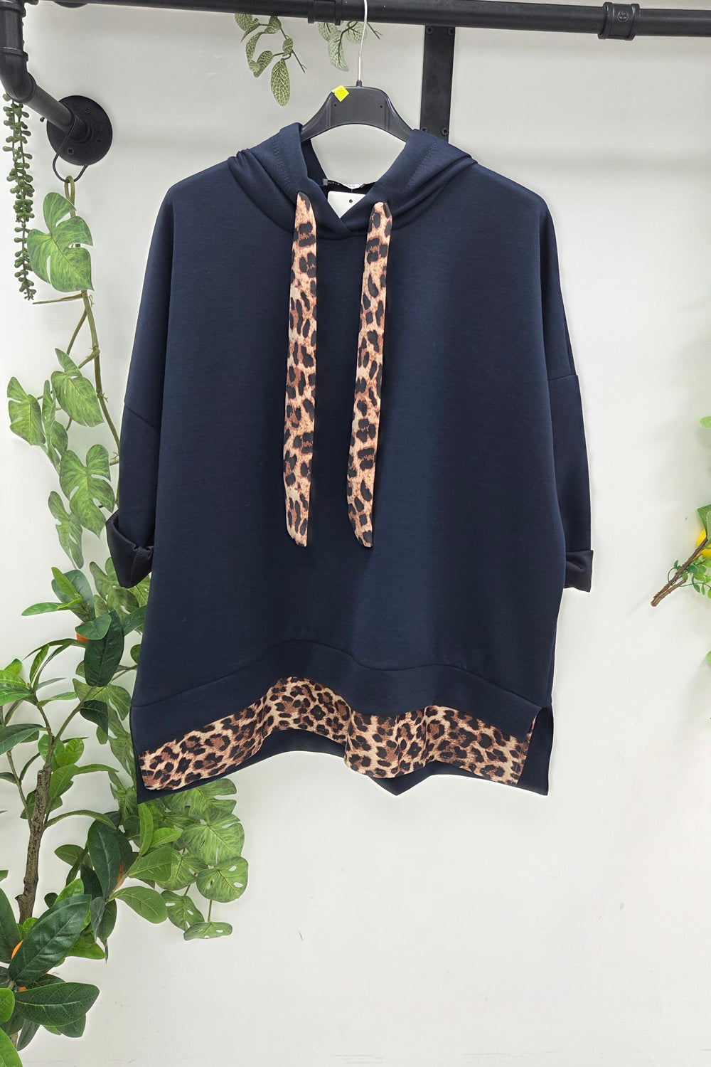 LEOPARD TRIM OVERSIZED DRAWSTRING HOODIE