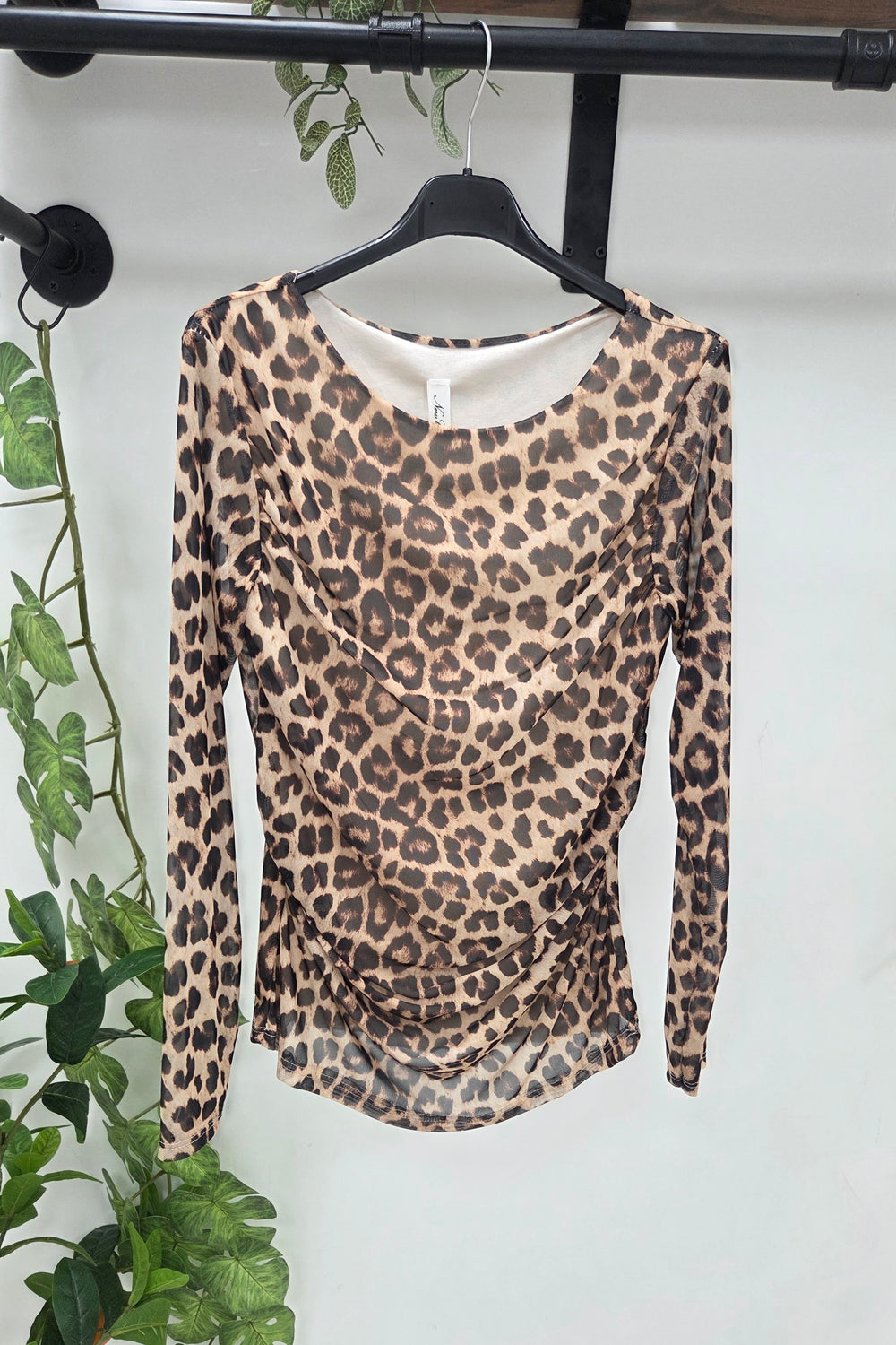 RUCHED MESH OVERLAY LEOPARD PRINT LONG SLEEVE TOP