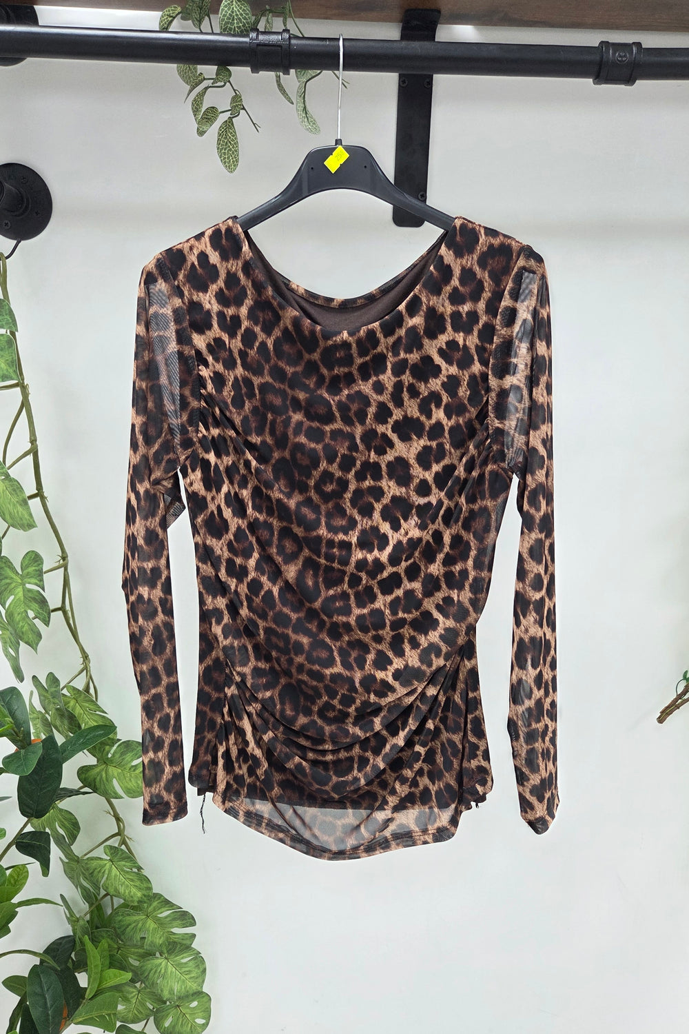 RUCHED MESH OVERLAY LEOPARD PRINT LONG SLEEVE TOP