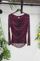 RUCHED MESH OVERLAY LEOPARD PRINT LONG SLEEVE TOP