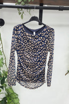 RUCHED MESH OVERLAY LEOPARD PRINT LONG SLEEVE TOP