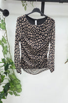 RUCHED MESH OVERLAY LEOPARD PRINT LONG SLEEVE TOP