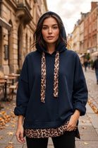 LEOPARD TRIM OVERSIZED DRAWSTRING HOODIE