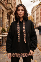 LEOPARD TRIM OVERSIZED DRAWSTRING HOODIE