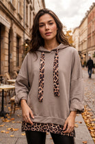 LEOPARD TRIM OVERSIZED DRAWSTRING HOODIE