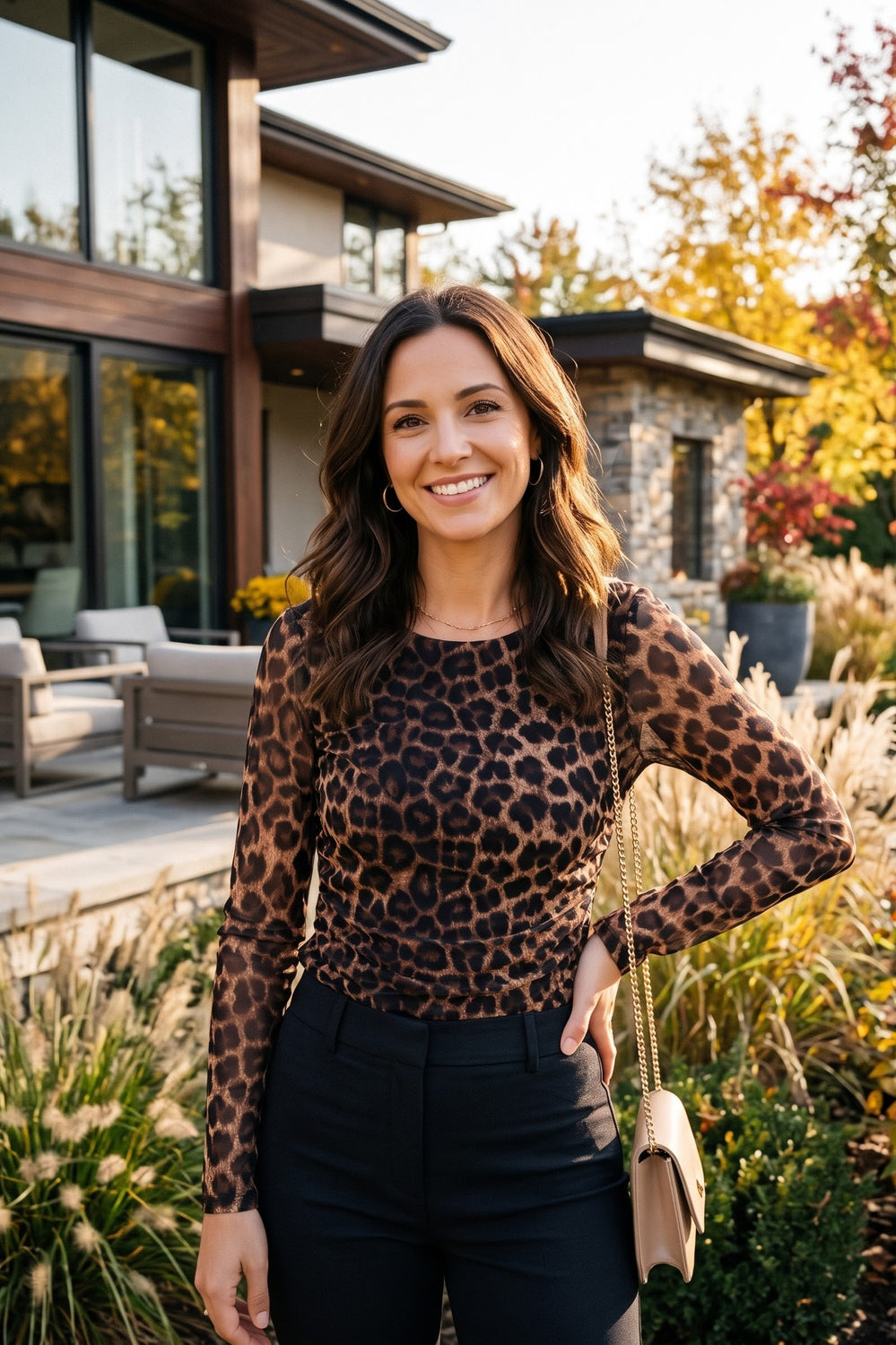 RUCHED MESH OVERLAY LEOPARD PRINT LONG SLEEVE TOP