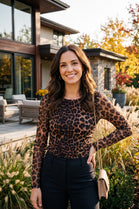RUCHED MESH OVERLAY LEOPARD PRINT LONG SLEEVE TOP