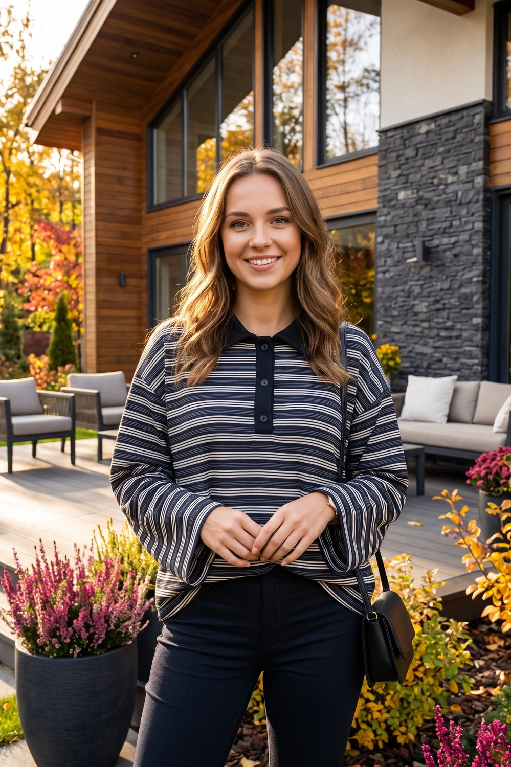 STRIPED BUTTON-DOWN LONG SLEEVE TOP