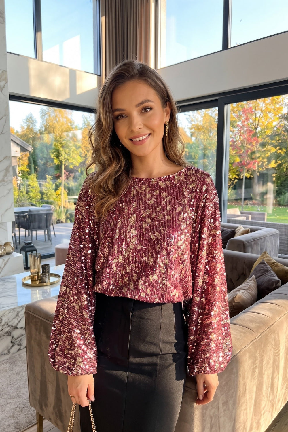SEQUIN BALLOON SLEEVE TOP