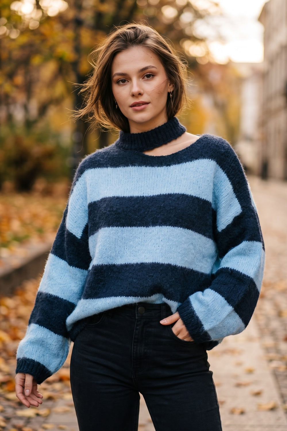 CUT-OUT STRIPE BLOCK KNIT JUMPER